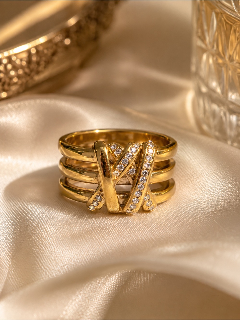 Stainless Steel/18K Gold Clad Non-Tarnish Wide Band Love Heart Statement Ring